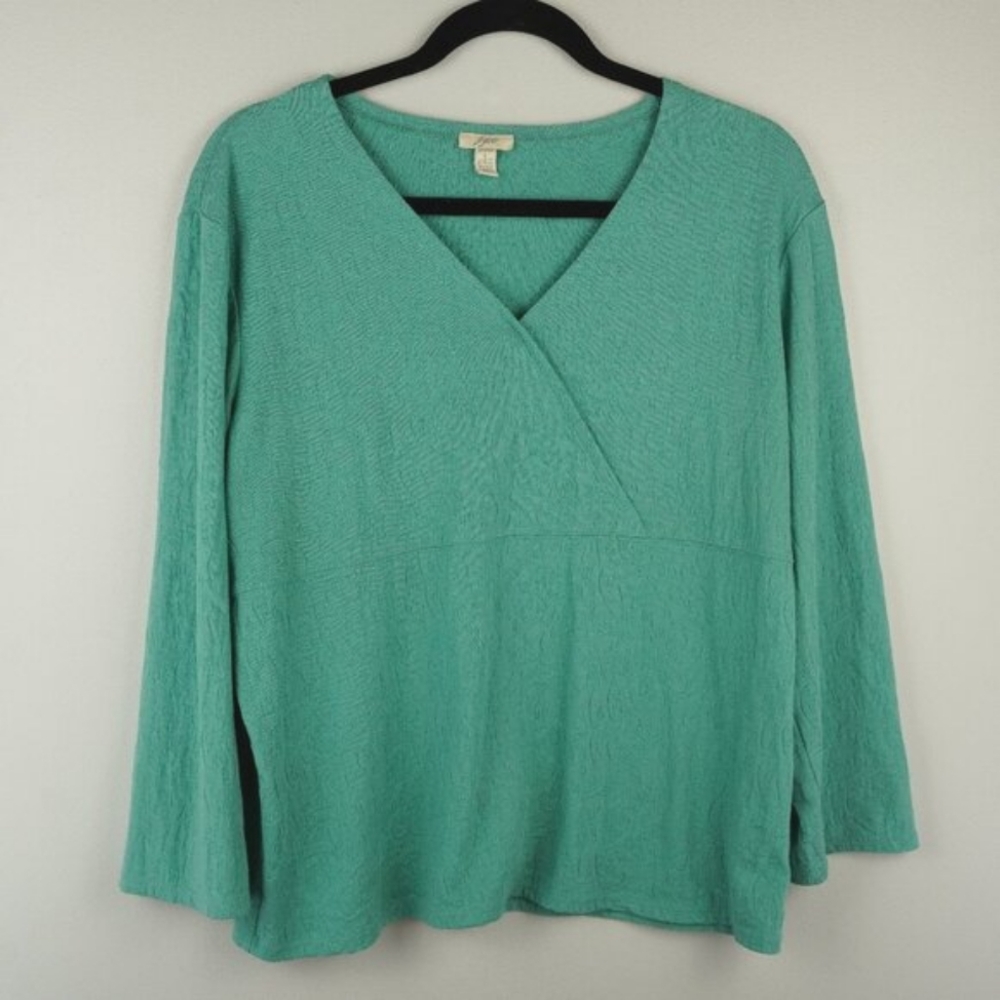 J Jill Green Textured V-Neck Long Sleeve Top Size Large